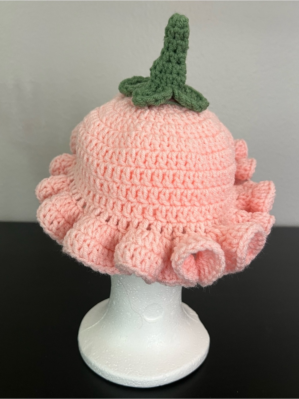 Handmade Pink Crochet Kids Hat with Green Stem - Picture 2 of 5